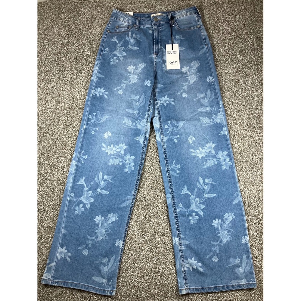 OAT New York Womens Floral High Rise Wide Leg Jeans Light Wash Blue Size 6/28